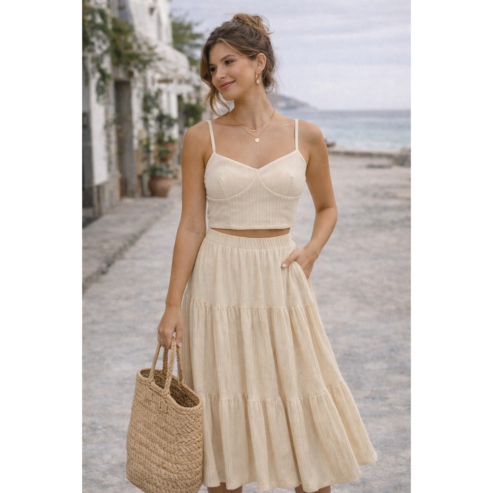 Cream Ribbed Two Piece Set Skirt‎ Crop Top Boho Coastal Minimalist NWT